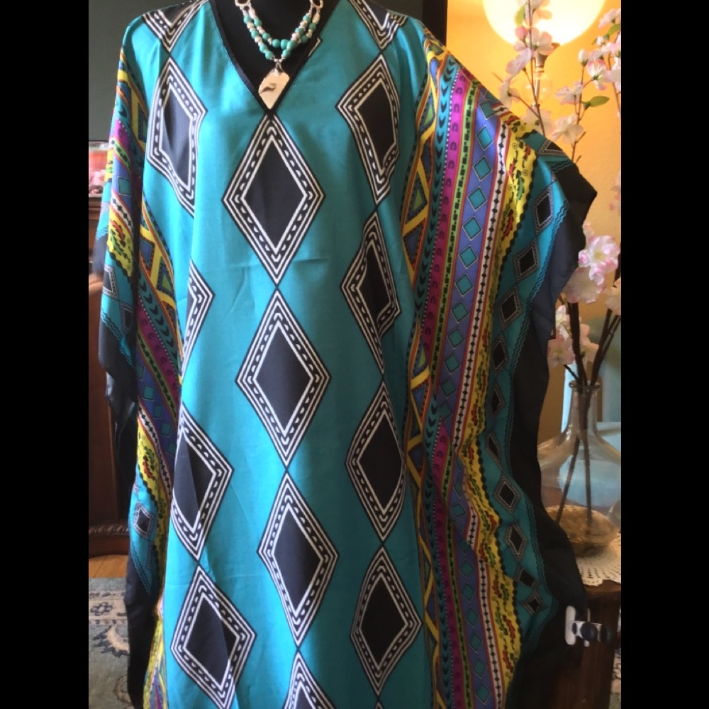 LOWEST🌺 NWT WINLAR (Fits Sizes 0 to4X) TURQUOISE DIAMOND COVERUP/CAFTAN - Picture 5 of 13